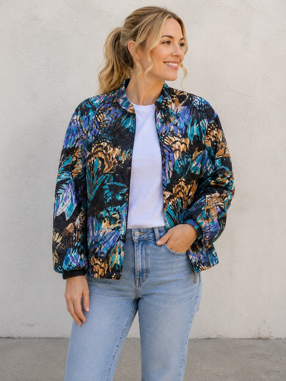 Quilted Bomber Jacket in Teal, Purple & Black with Gold Accents, Size 12.